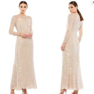MAC DUGGAL 93629 SEQUIN ILLUSIONS HIGH NECK LONG SLEEVE TRUMPET NUDE GOWN sz 4